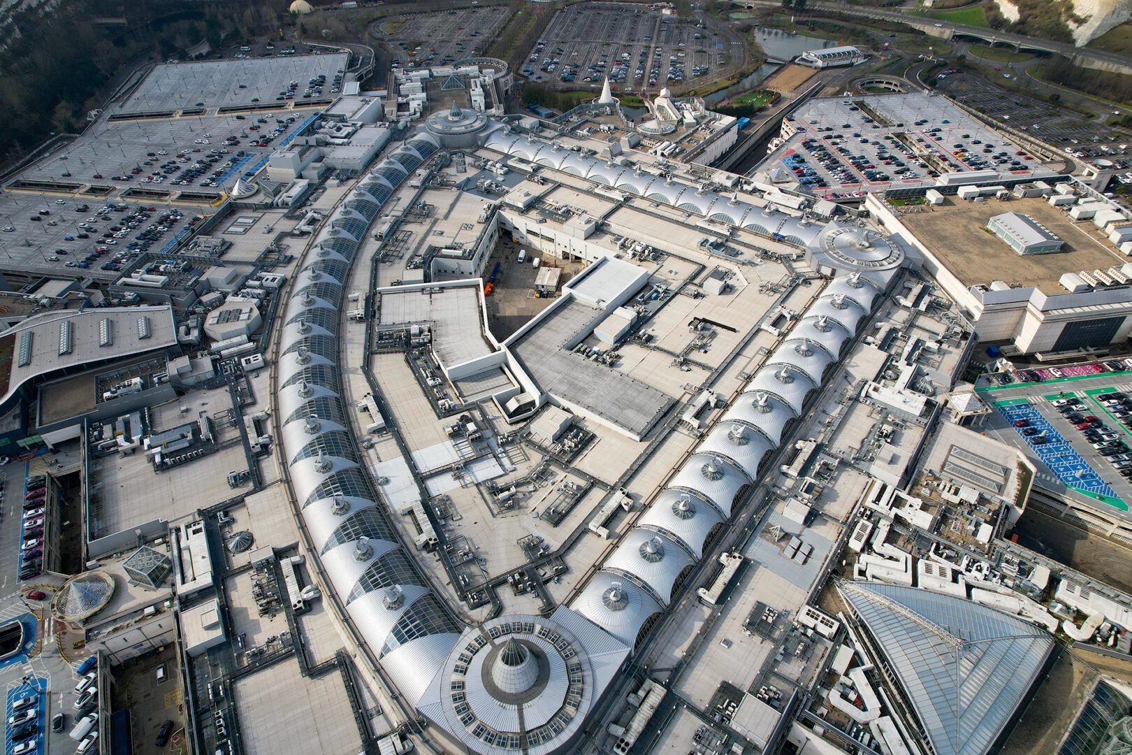 A large complex of buildings with many circular shapes.